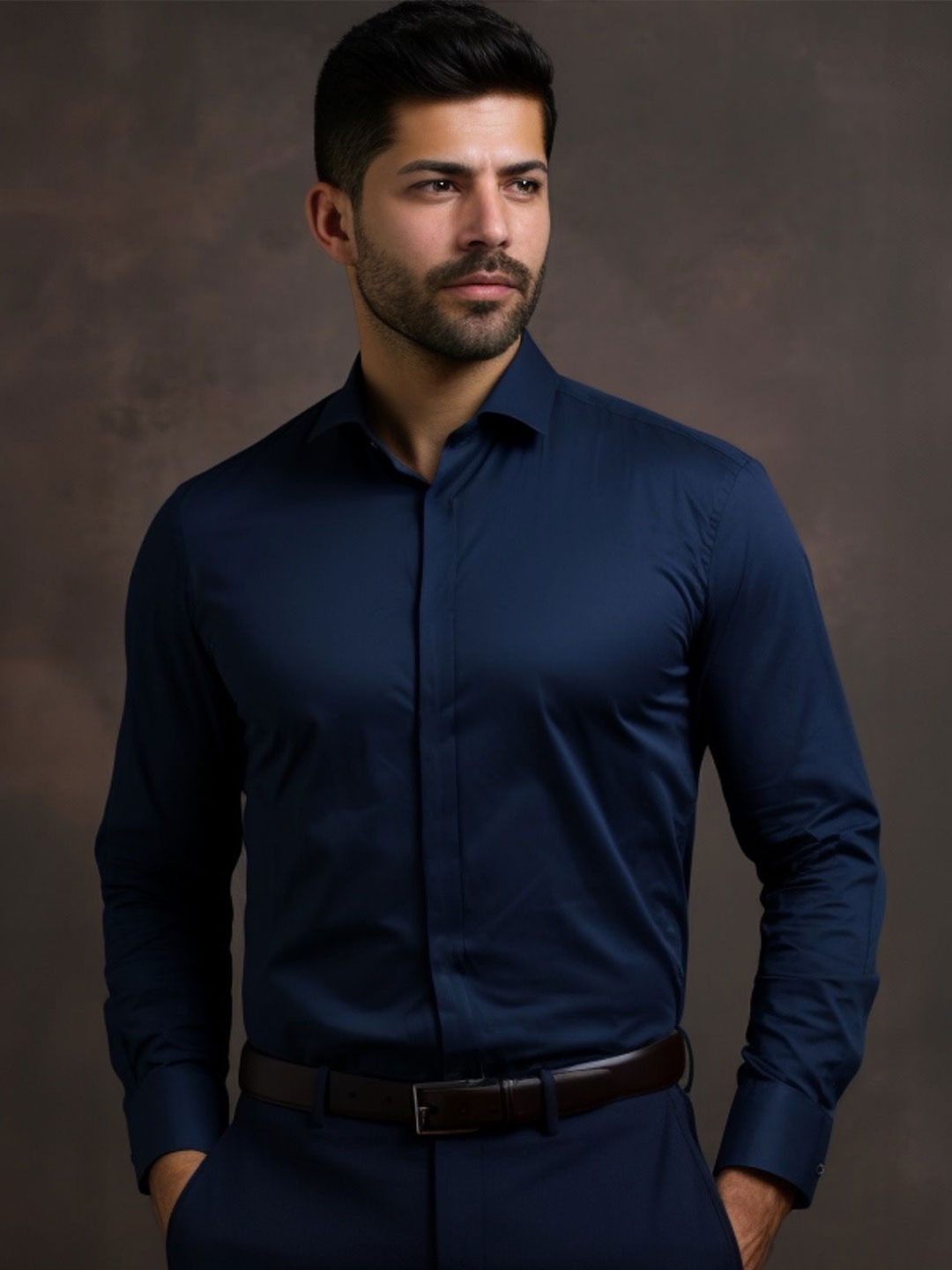 

HE SPOKE Men Smart Slim Fit Spread Collar Solid Formal Shirt, Navy blue
