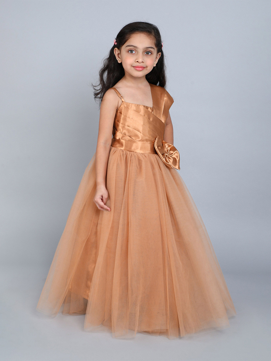 

Pink Chick Girls Solid One Shoulder Neck Sleeveless Maxi Gown Dress, Gold