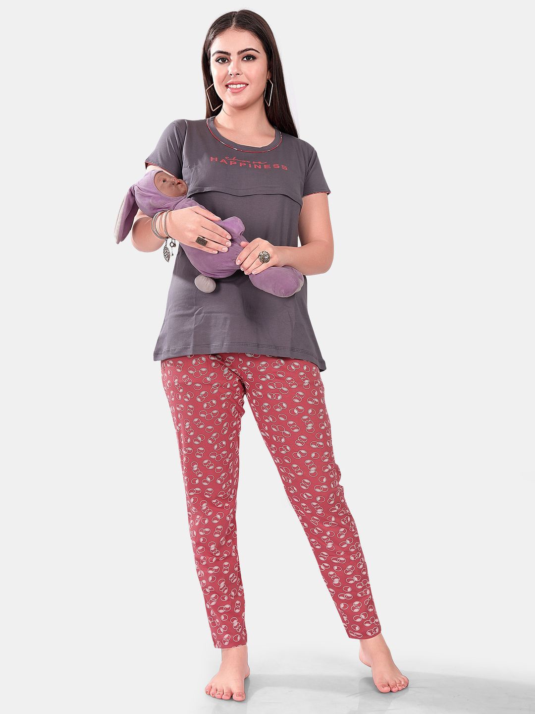 

SWEET MOON Typography Printed Round Neck Maternity T-Shirt With Pyjama, Grey