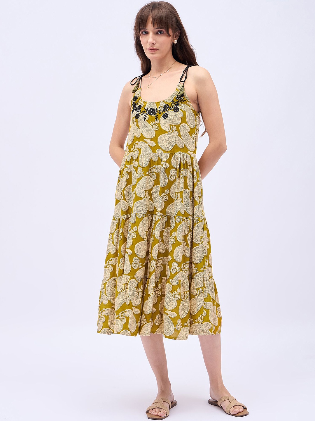 

DressBerry Ethnic Motifs Print Fit & Flare Midi Dress, Mustard