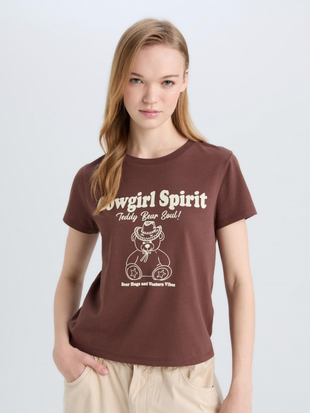 

DeFacto Women Typography Printed Round Neck Cotton T-shirt, Brown