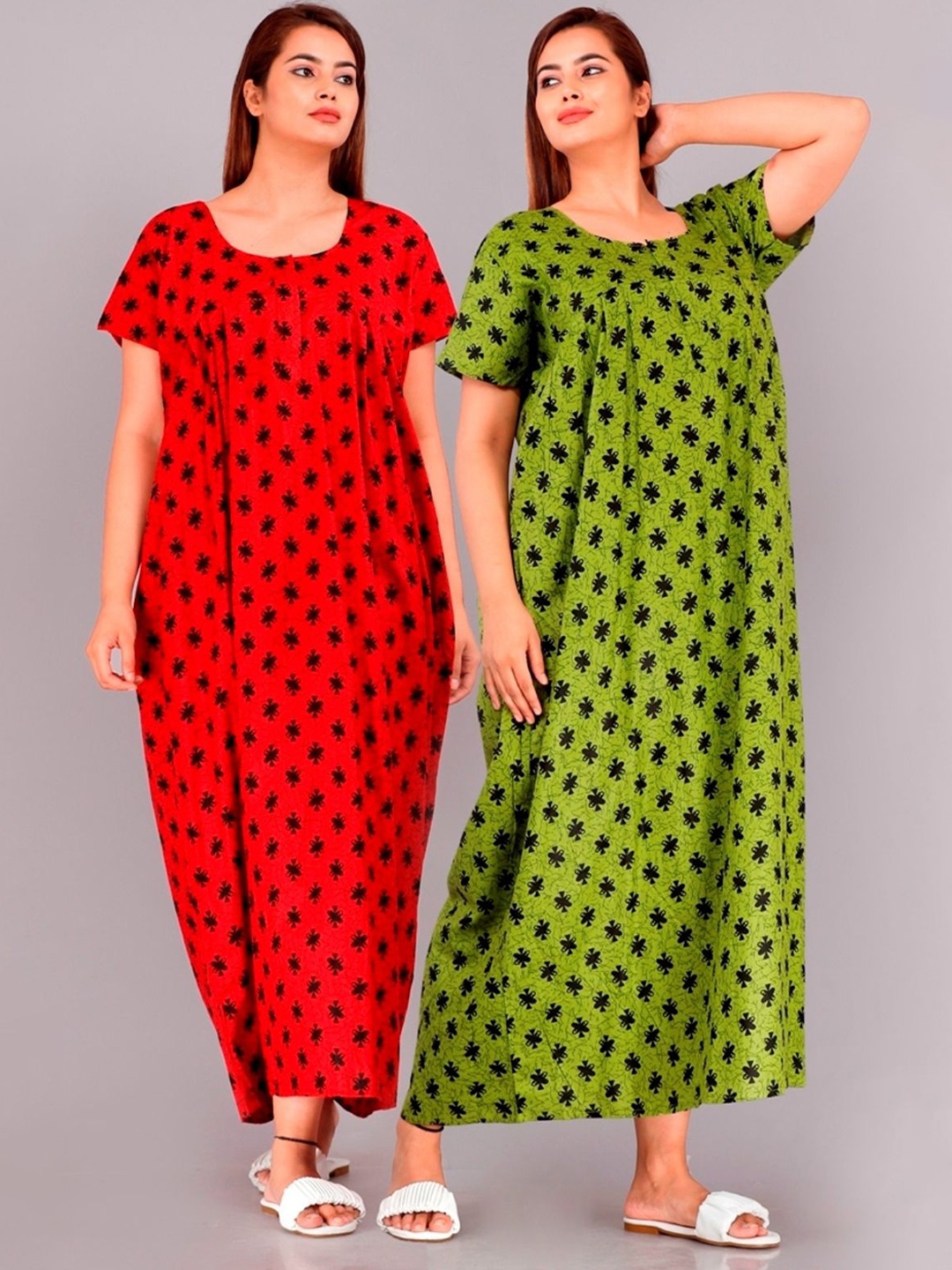 

PR PINK ROYAL Women Pack Of 2 Printed Pure Cotton Maxi Nightdress, Red