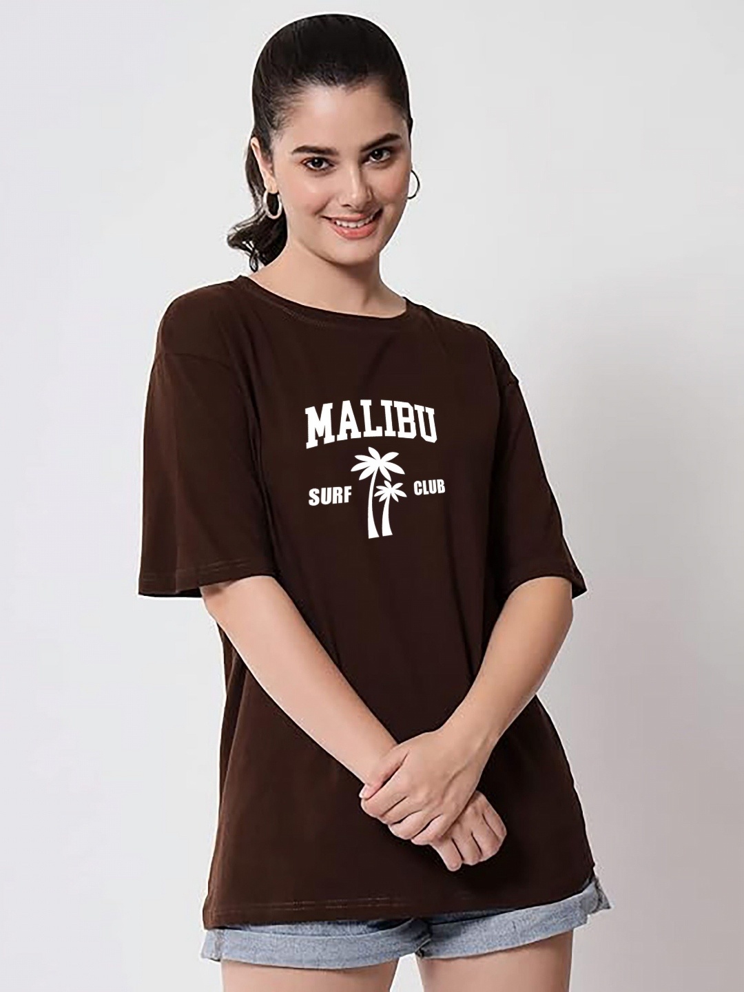 

My Swag Women Typography Printed Round Neck Cotton Oversized T-shirt, Brown