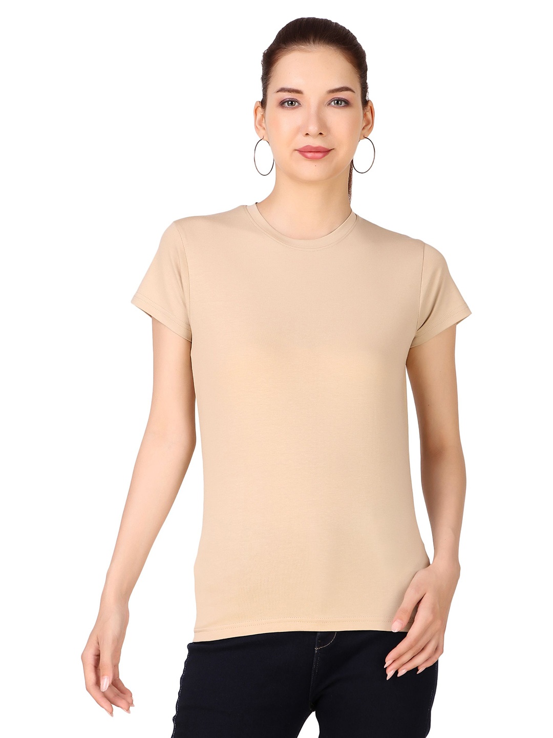 

STYLESO Women Solid Round Neck Cotton Slim Fit T-shirt, Beige