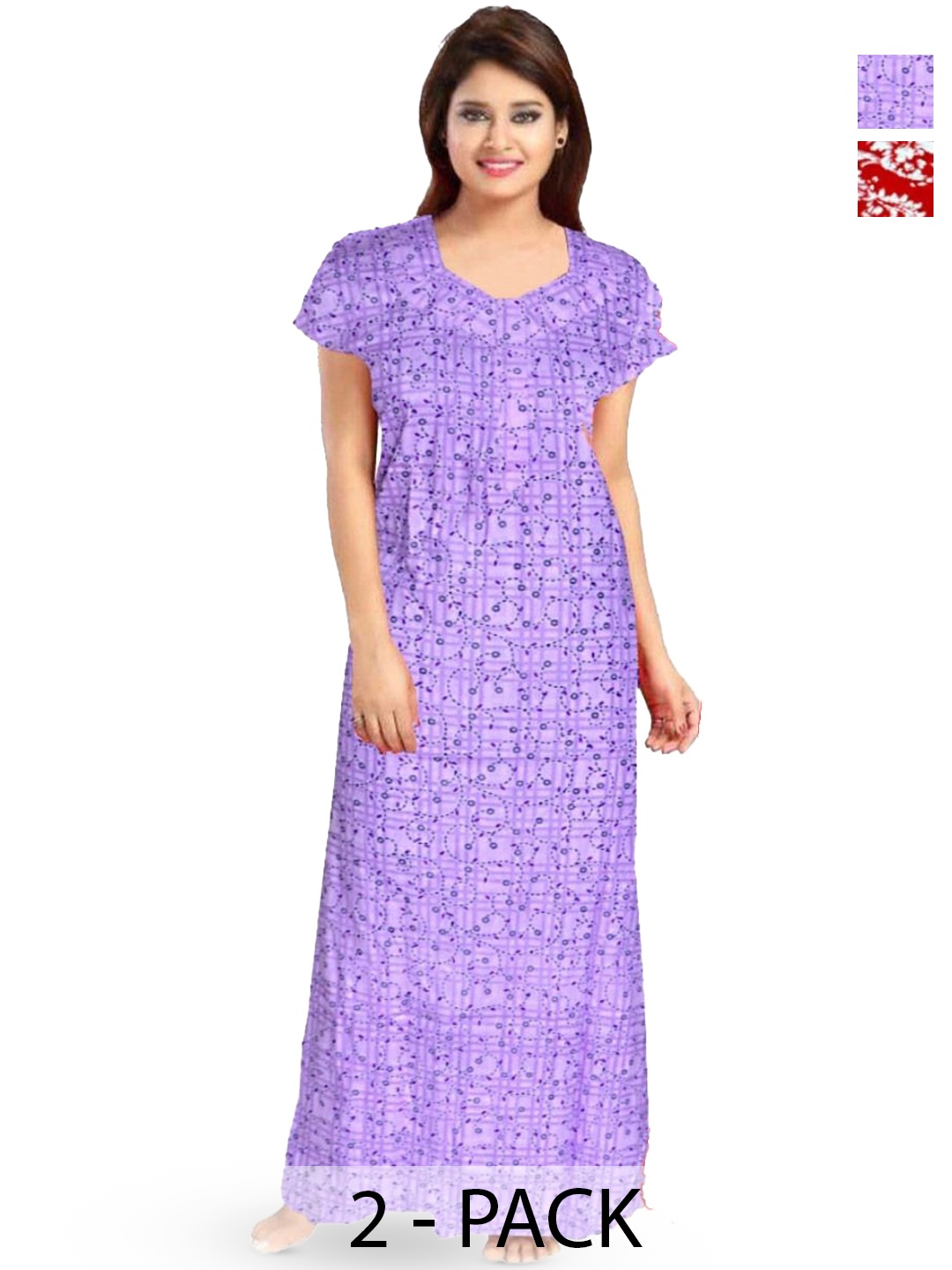 

PR PINK ROYAL Women Pack of 2 Printed Pure Cotton Maxi Nightdress, Purple