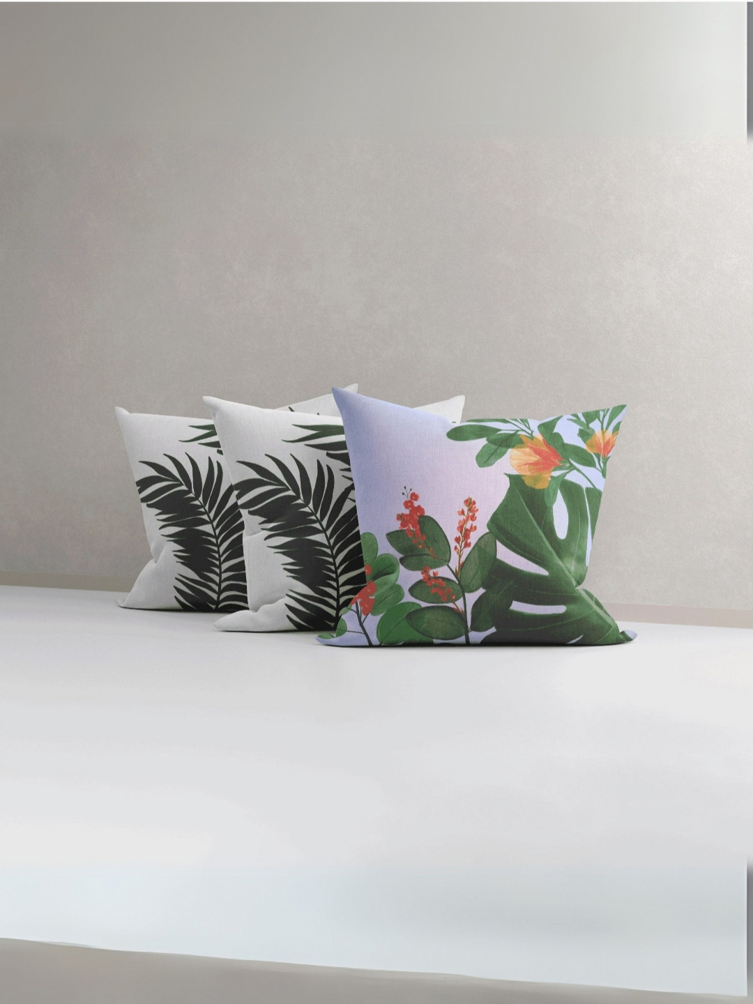 

LUSHLYF White & Green 3 Pieces Floral Velvet Square Cushion Covers