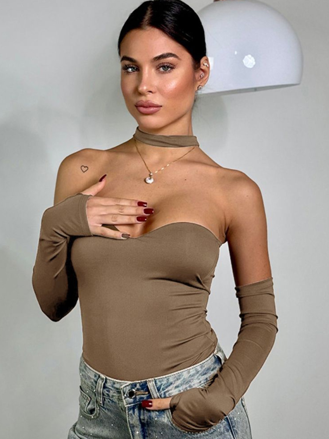 

StyleCast Women Solid Halter Neck Regular Sleeves Tube Tops, Brown