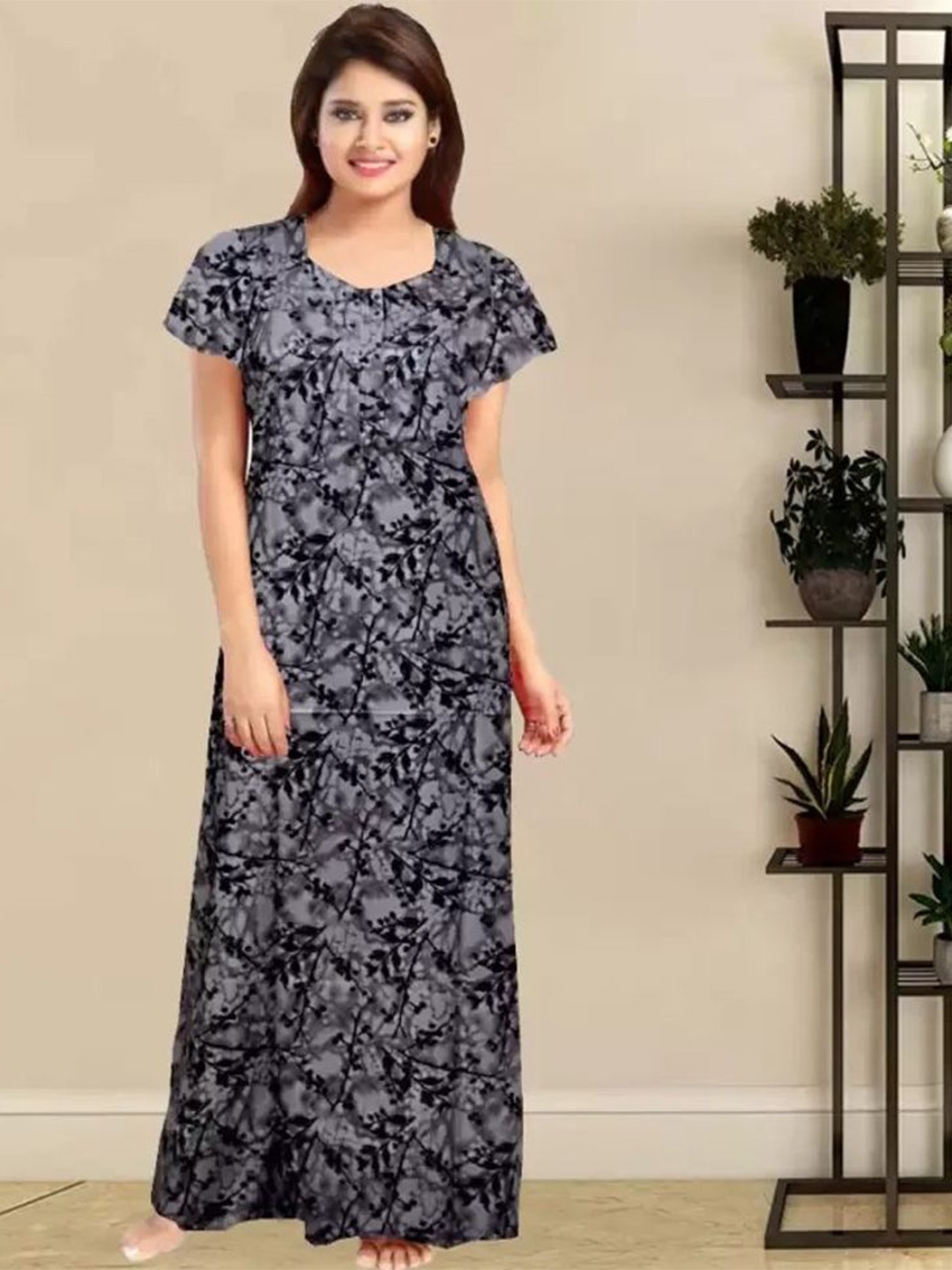 

PR PINK ROYAL Women Floral Printed Pure Cotton Maxi Nightdress, Grey