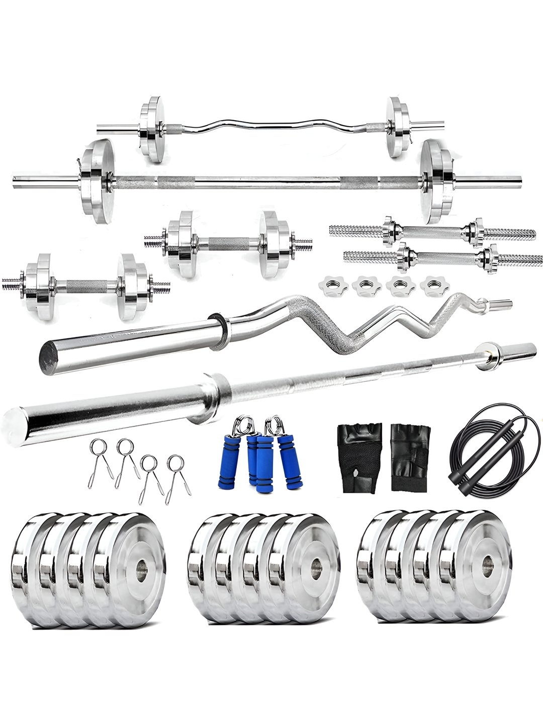 

YMD Set of 12 Steel Plates Curl Rod & Straight Rod With Accessories Home Gym Combo, Silver