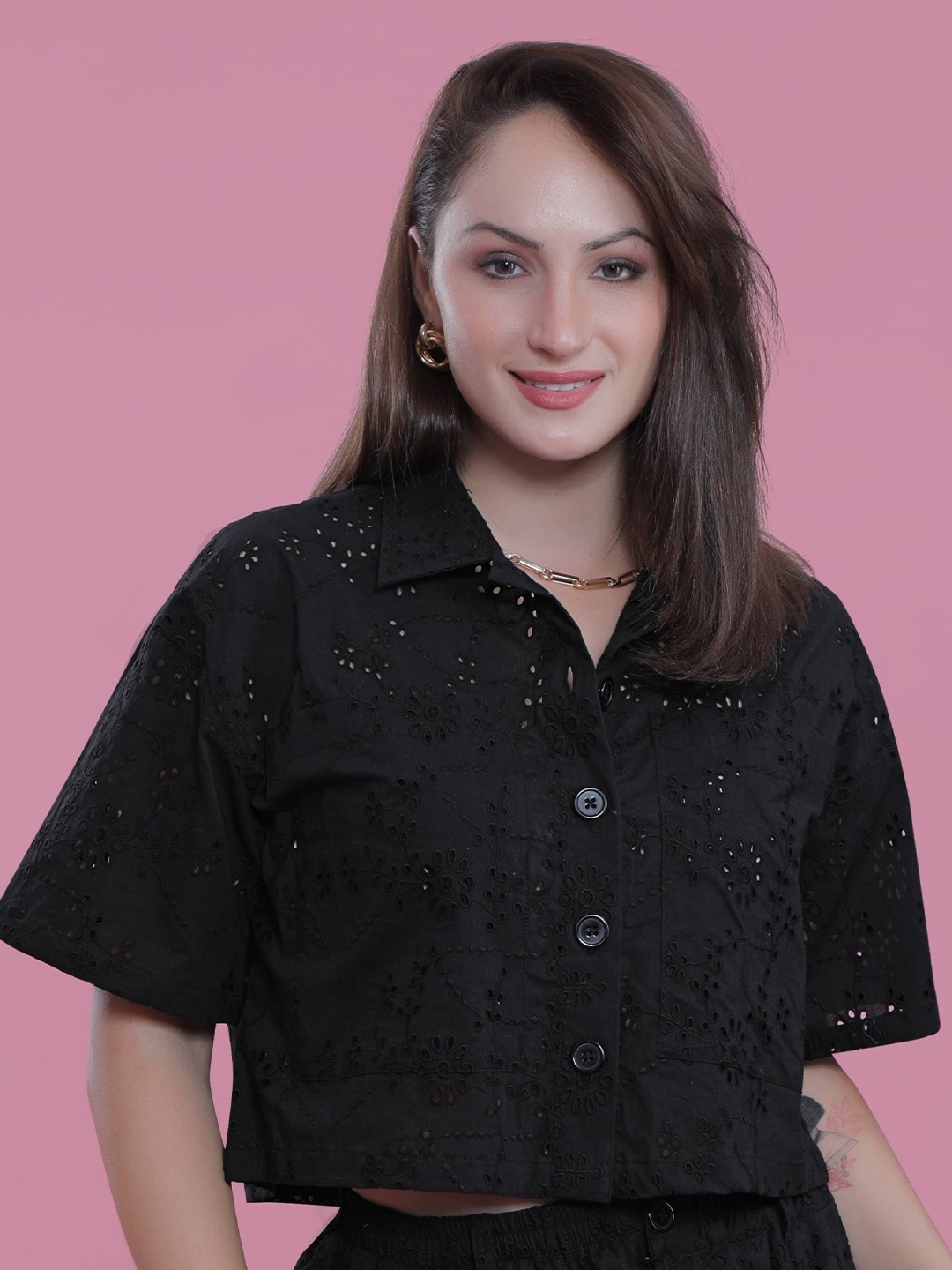 

French Theory Women Self Design Shirt Collar Cotton Top, Black