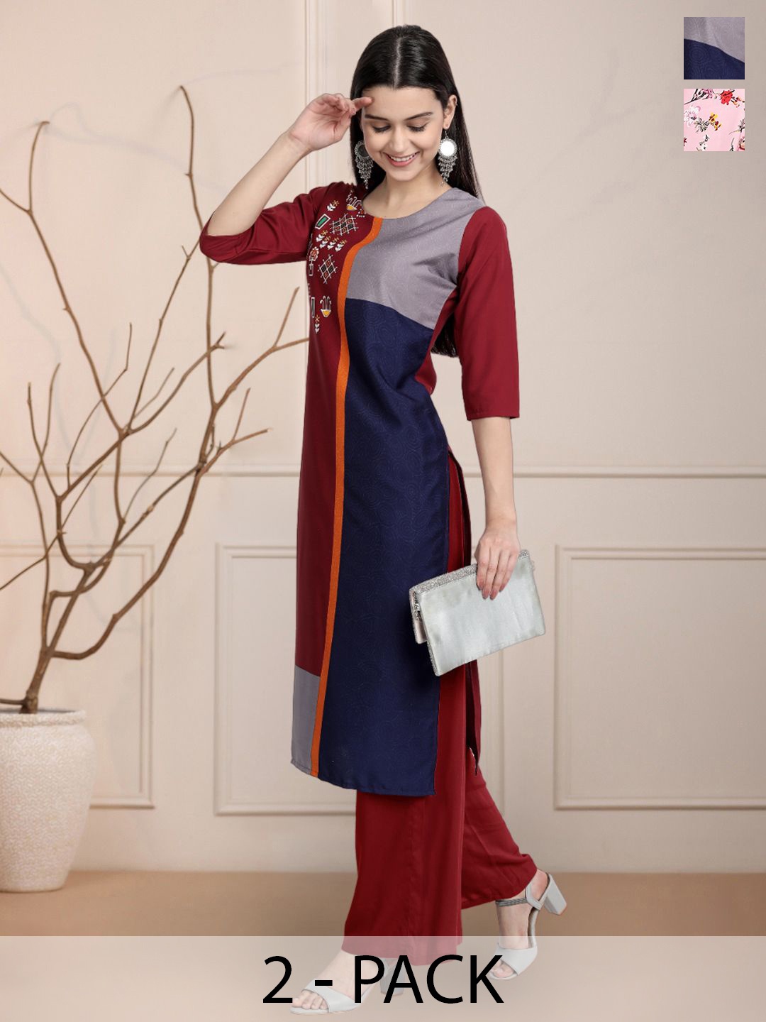 

Moda Rapido Set of 2 Ethnic Printed Round Neck Straight Kurtas, Maroon