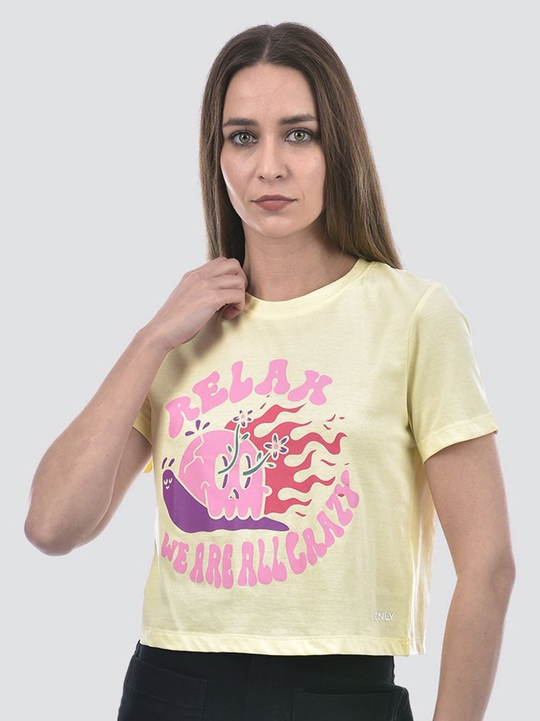 

ONLY Women Graphic Printed Round Neck Cotton T-shirt, Yellow