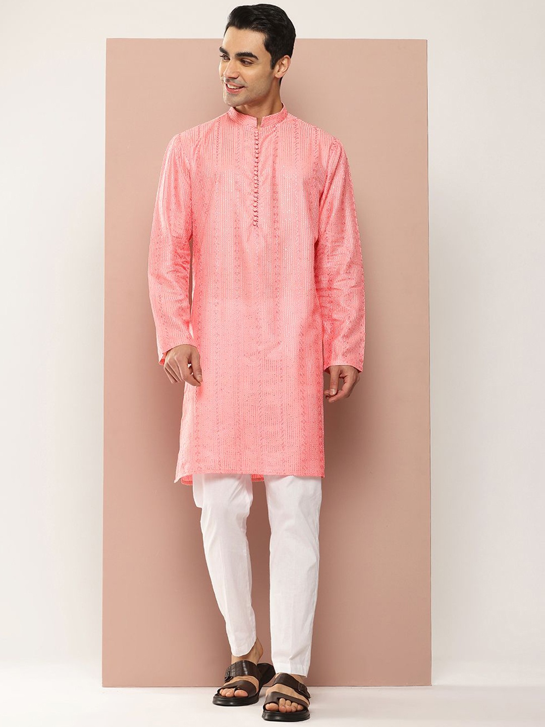 

See Designs Striped Embroidered Sequinned Mandarin Collar Chanderi Silk Straight Kurta, Pink