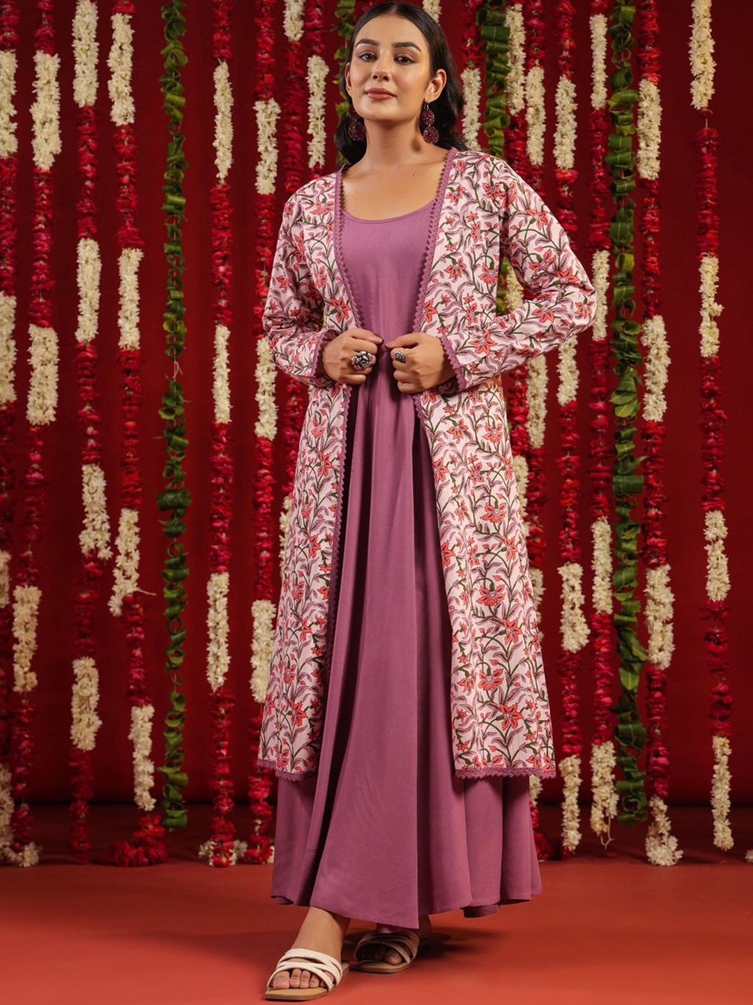 

anayna Ethnic Motifs Printed Flared Anarkali Kurta, Pink