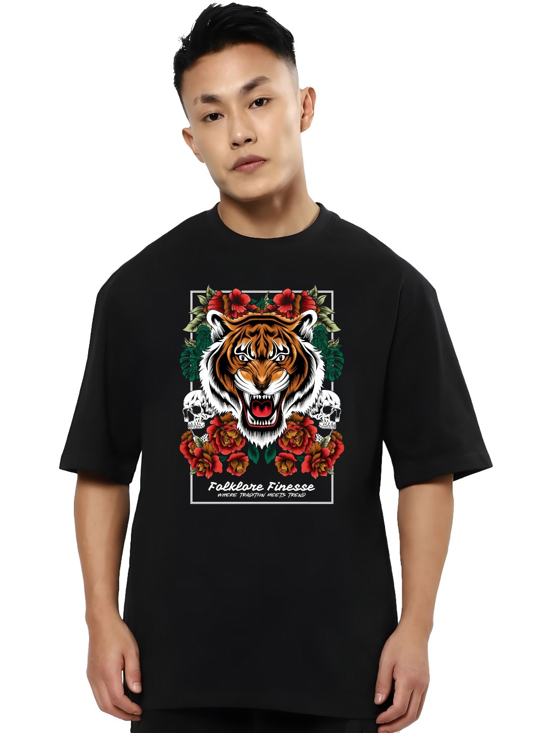 

SZN Men Graphic Printed Round Neck Cotton Oversized T-shirt, Black