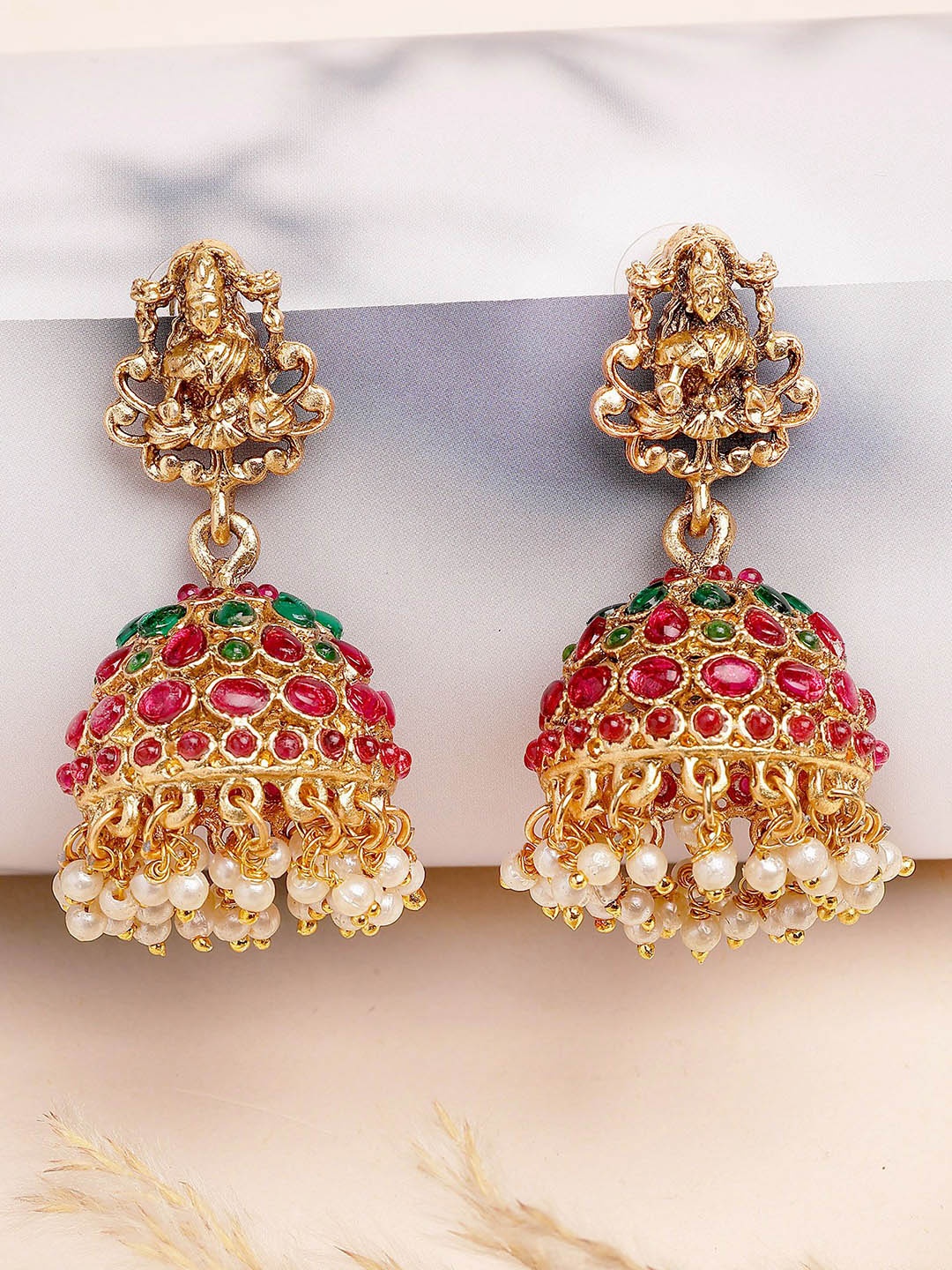 

KARATCART Gold-Plated Stone Studded & Beaded Laxmi Mata Design Jhumkas
