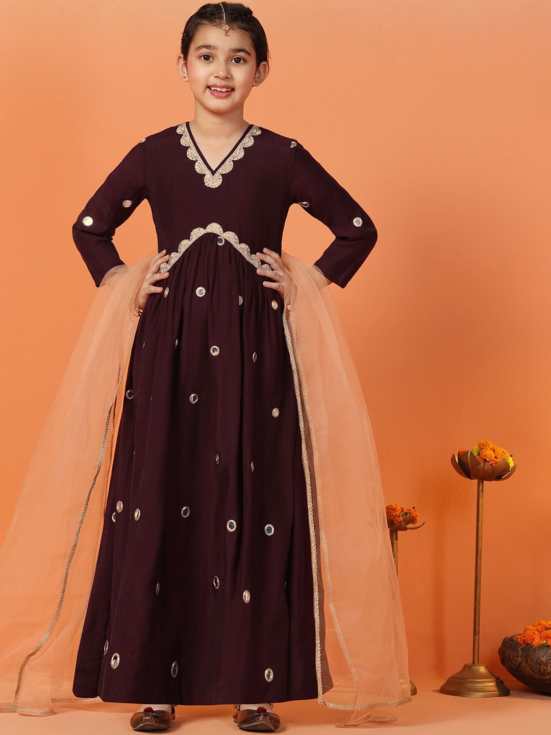 

Sangria Girls Embroidered Chanderi Maxi Length Dress With Dupatta, Brown