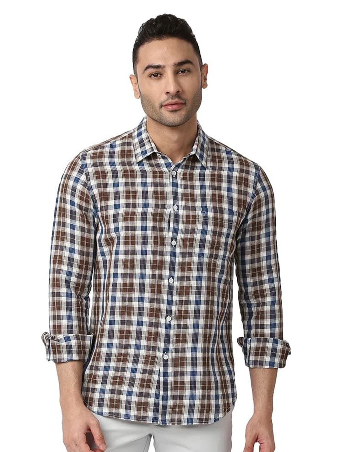 

Basics Men Relaxed Fit Spread Collar Checked Cotton Casual Shirt, Brown