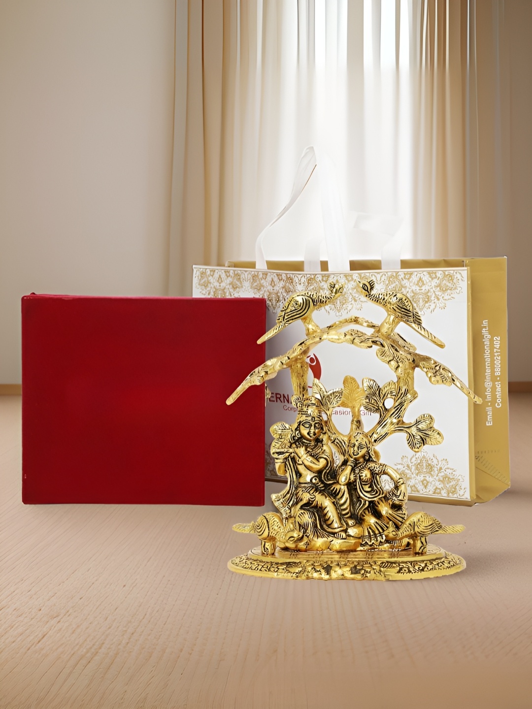 

INTERNATIONAL GIFT Gold Plated Radha Krishna Idol Gift Set with Velvet Box and Bag