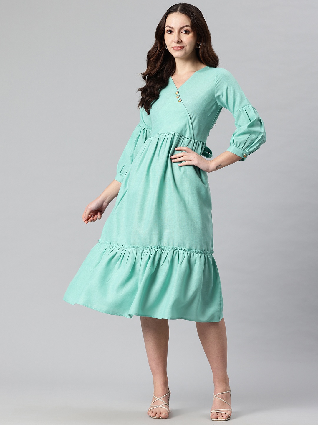 

Cottinfab Lantern Sleeve Wrap Style Midi Dress, Turquoise blue
