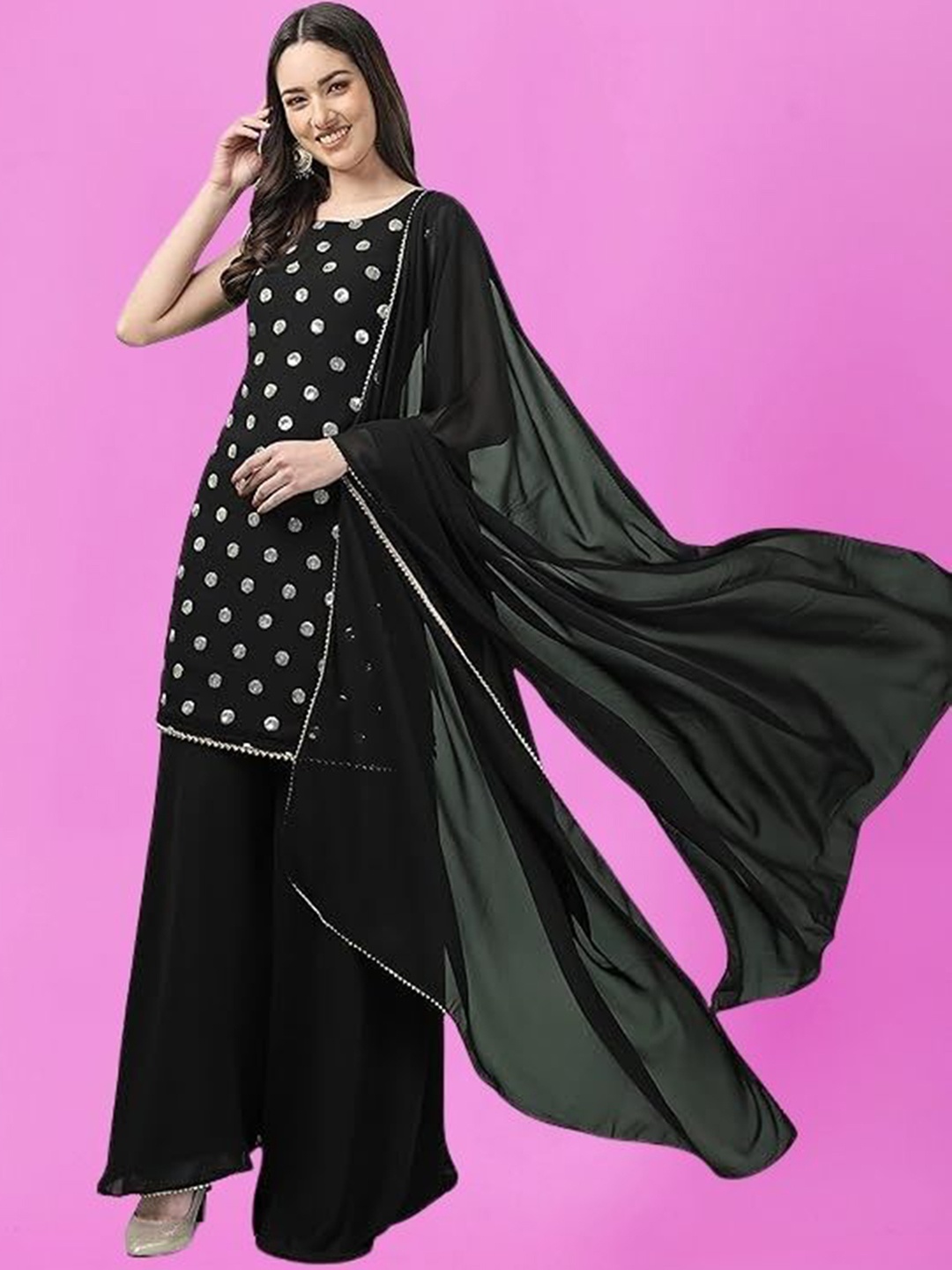 

PARROT CREATION Geometric Embroidered Sequinned Georgette Kurti with Sharara And Dupatta, Black