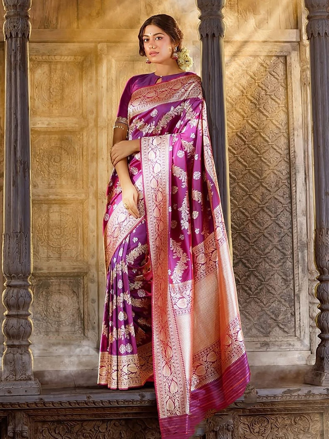 

Anjaneya Sarees Woven Design Zari Silk Blend Banarasi Saree, Purple