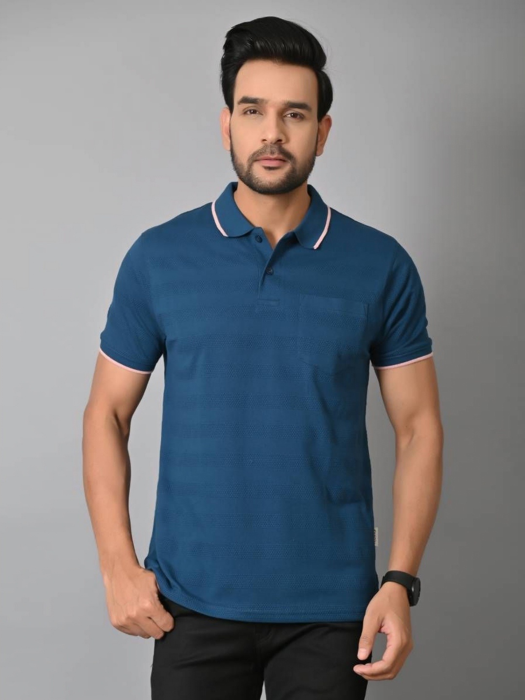 

ARBOUR Men Self Design Polo Collar Cotton Slim Fit T-shirt, Teal
