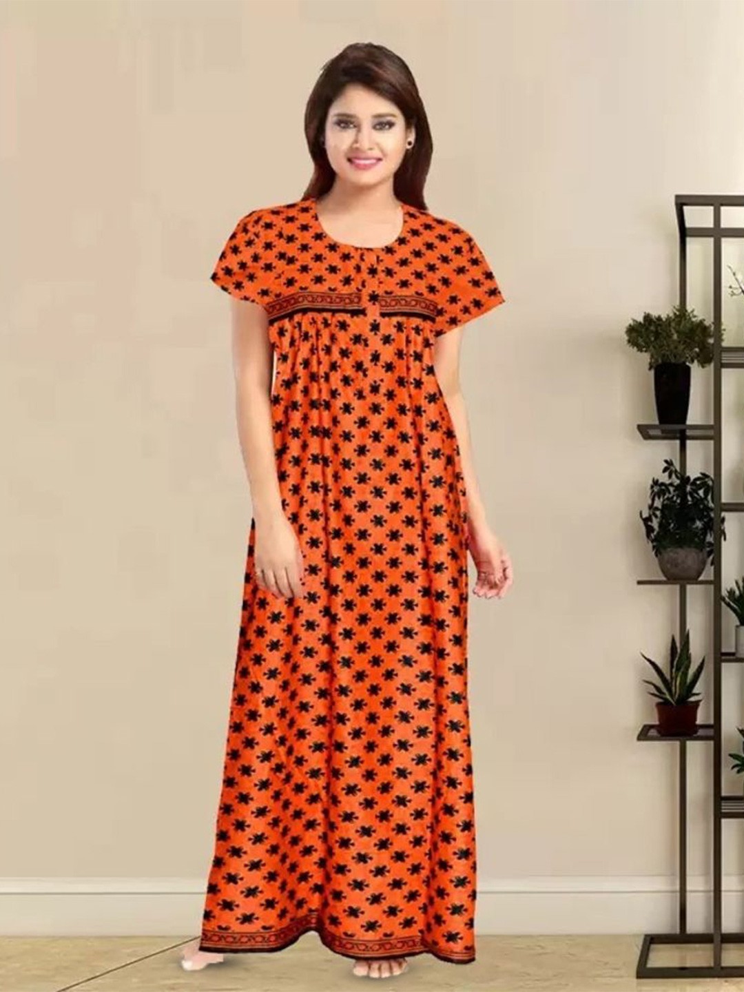 

PR PINK ROYAL Women Printed Maxi Nightdress, Orange