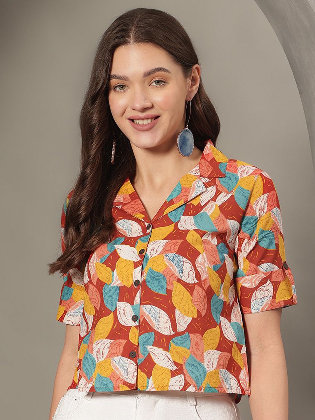 

JANAKDULARI CREATION Women Tropical Printed Lapel Collar Cotton Top, Red