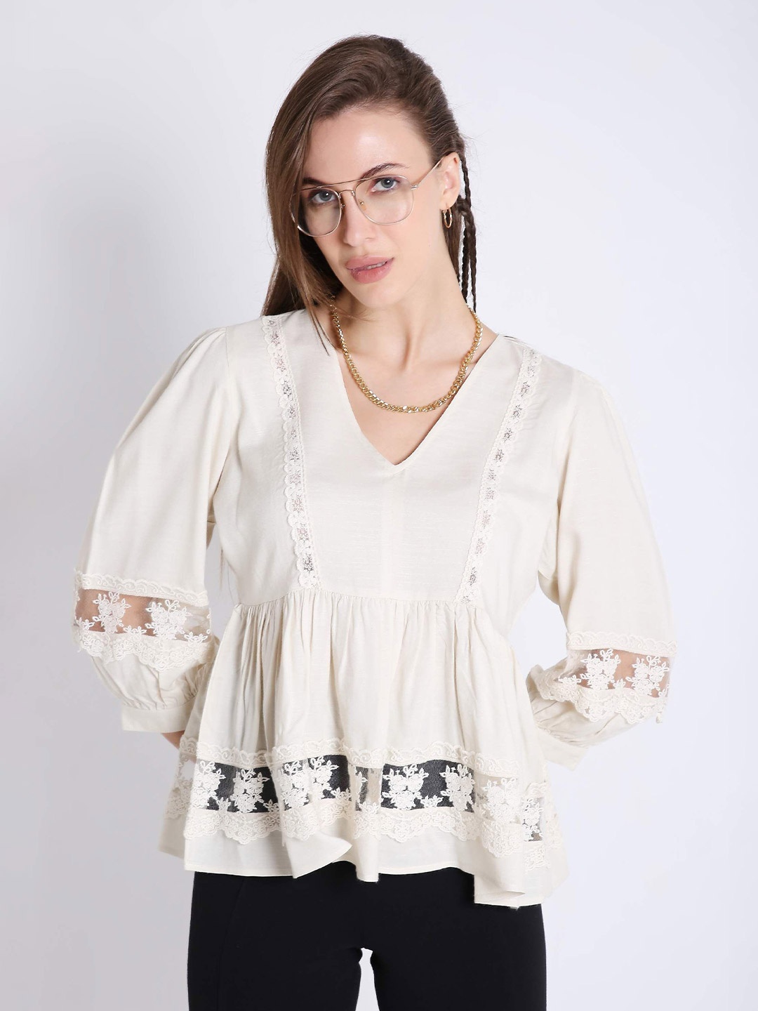 

French Theory Women Lace Details Peplum Top, Beige