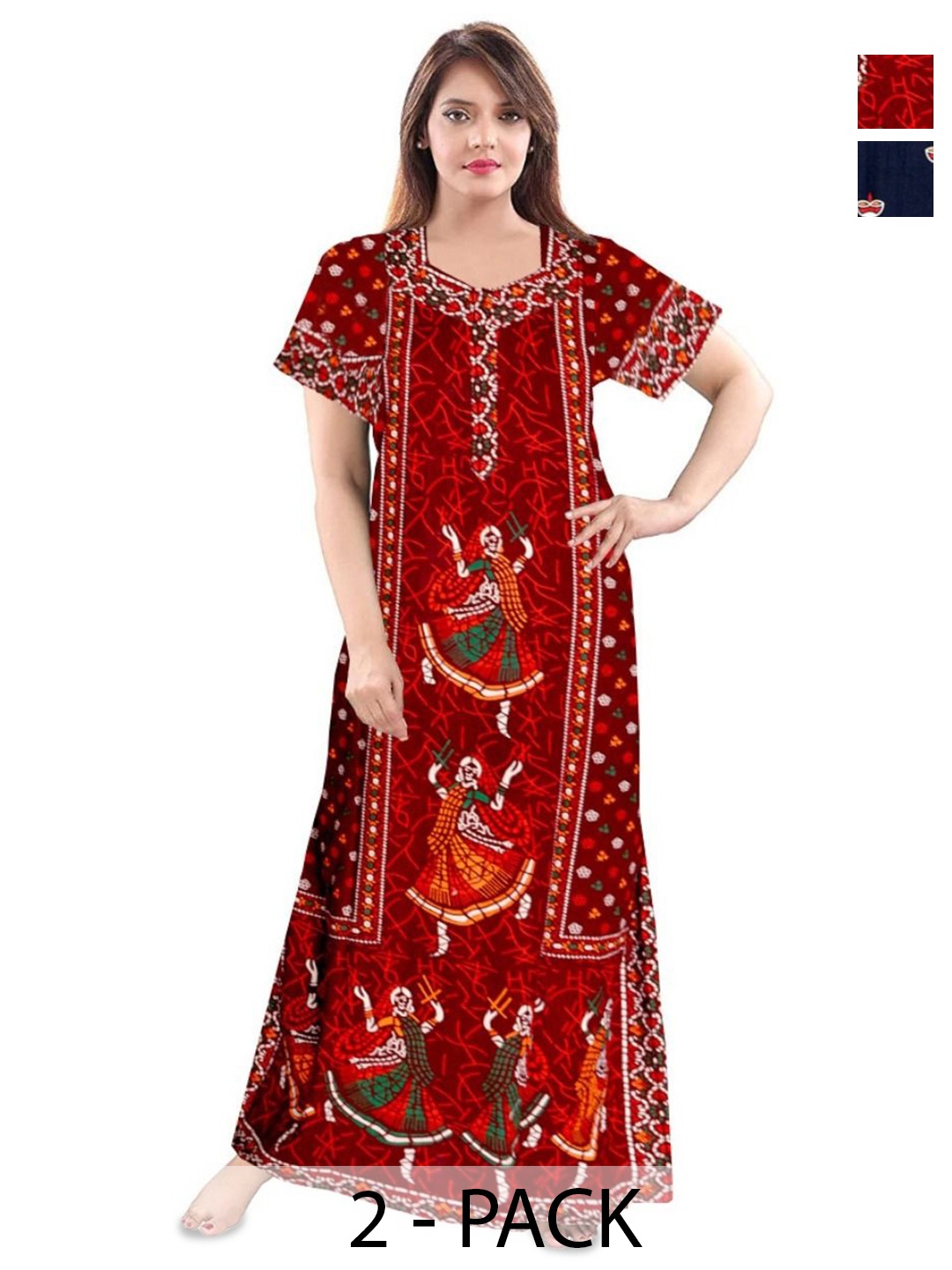 

PR PINK ROYAL Women Pack Of 2 Printed Maxi Nightdress, Maroon