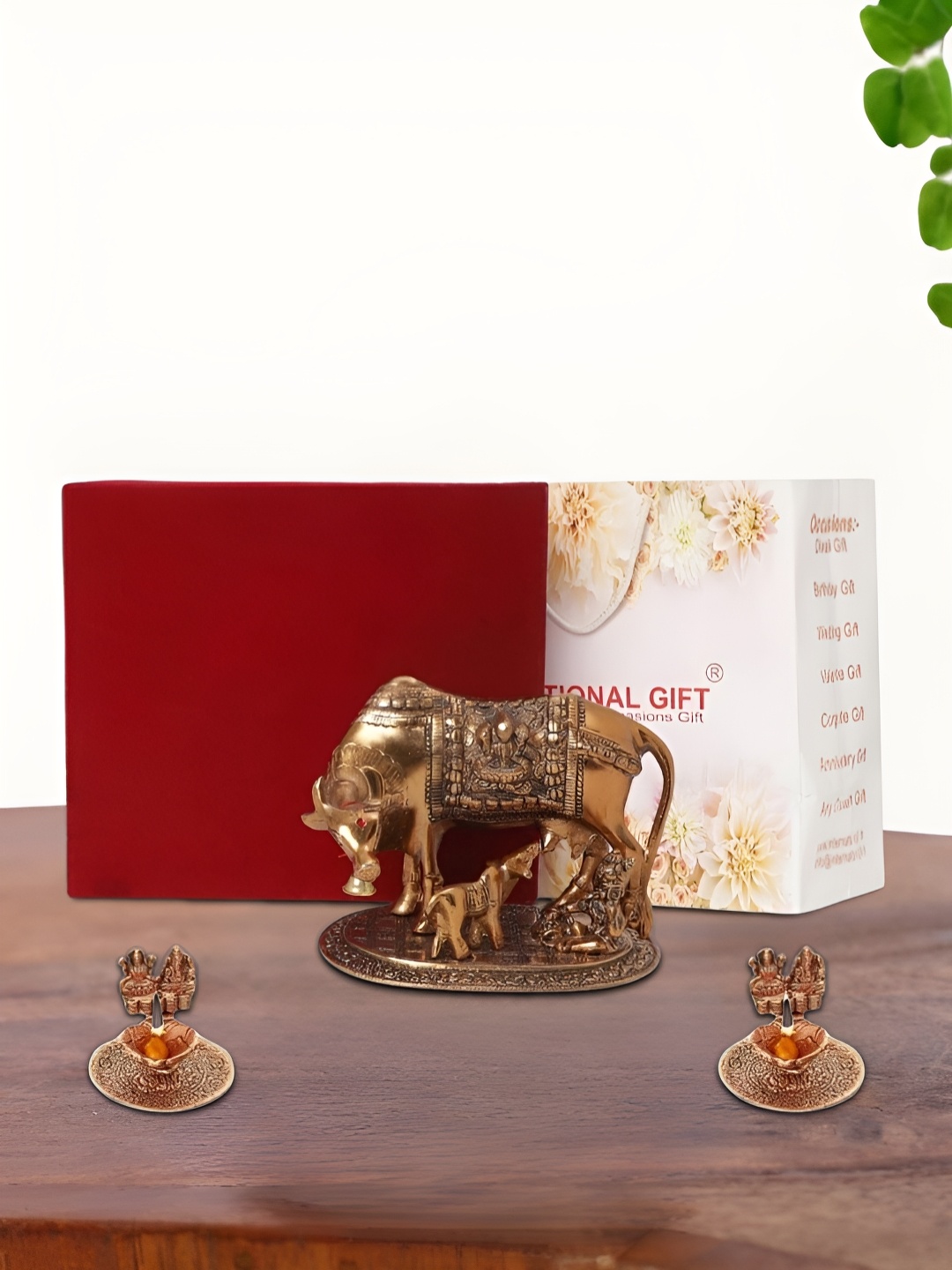 

INTERNATIONAL GIFT Brown Kamdhenu Cow with 2 Diya Box and Bag, Copper