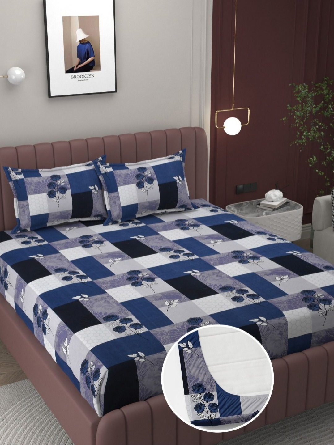 

BELVOSTUM New Fitted Collection Blue Printed 300TC Cotton King Bedsheet Set 2.28m x 2.14m