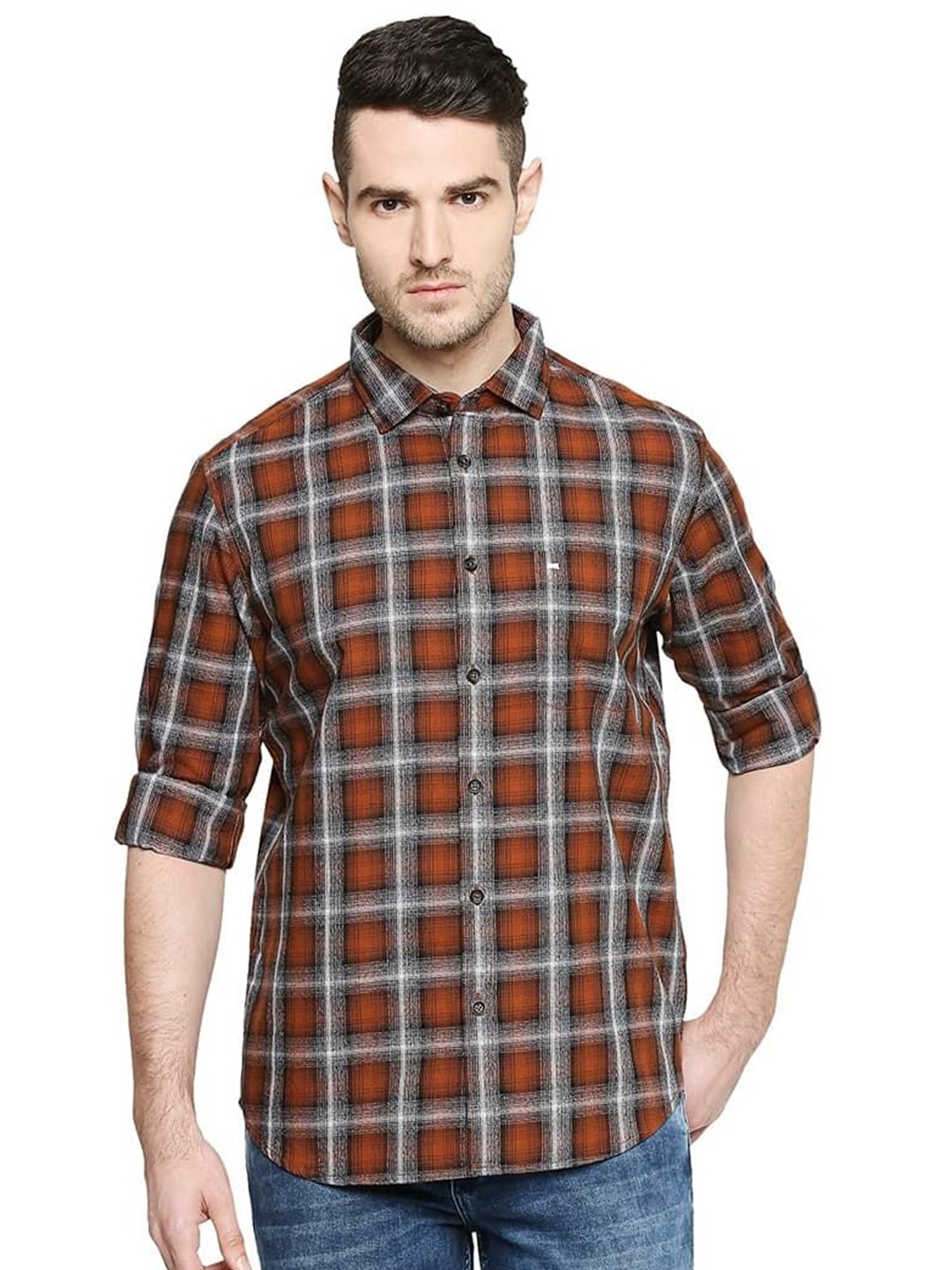 

Basics Men Relaxed Slim Fit Spread Collar Checked Cotton Casual Shirt, Brown