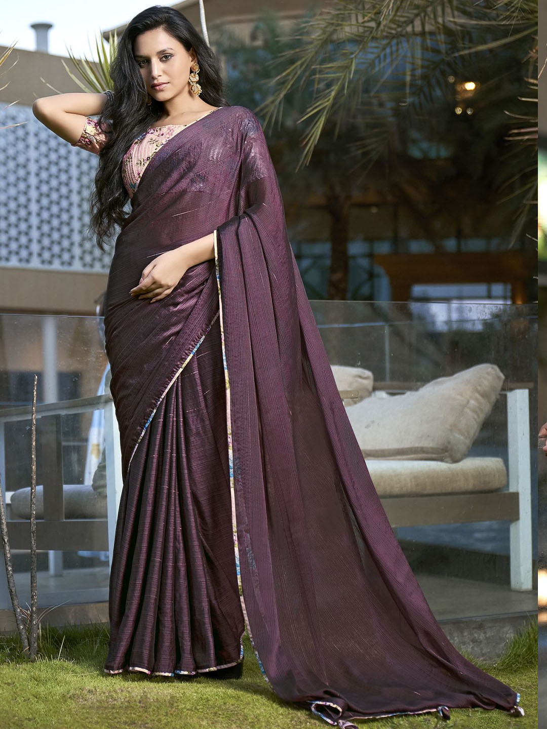 

A.V.M. SILK MILLS Striped Pure Chiffon Saree, Purple