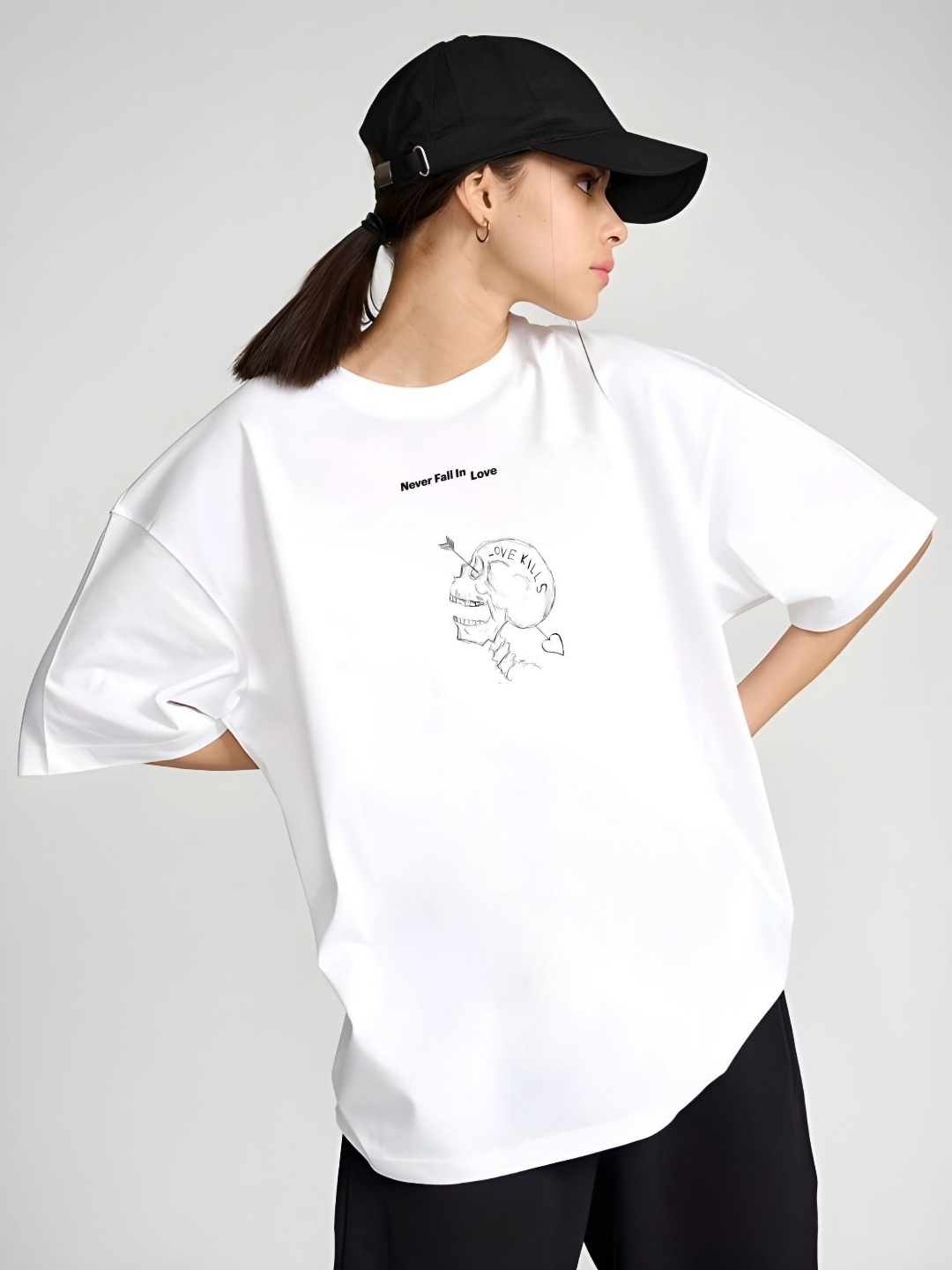 

DressBerry Women Graphic Printed Round Neck Cotton Oversized T-shirt, White