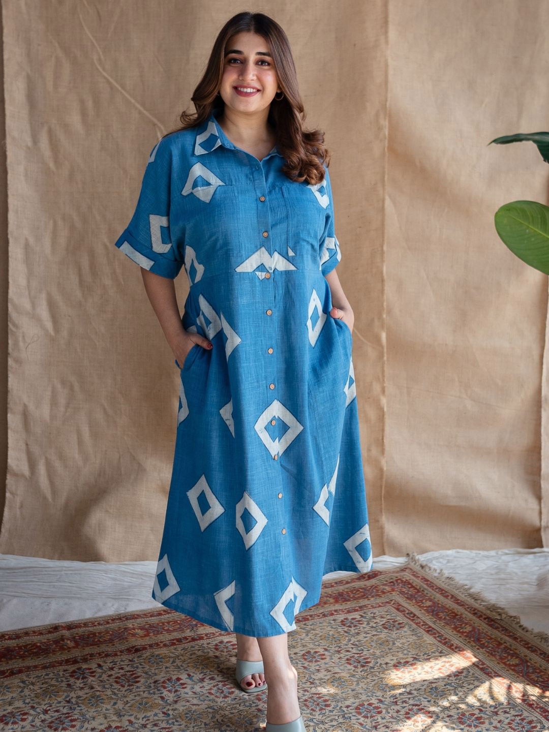 

THE INDIAN ETHNIC CO Women Blue A-Line Dabu Slub Cotton Dress