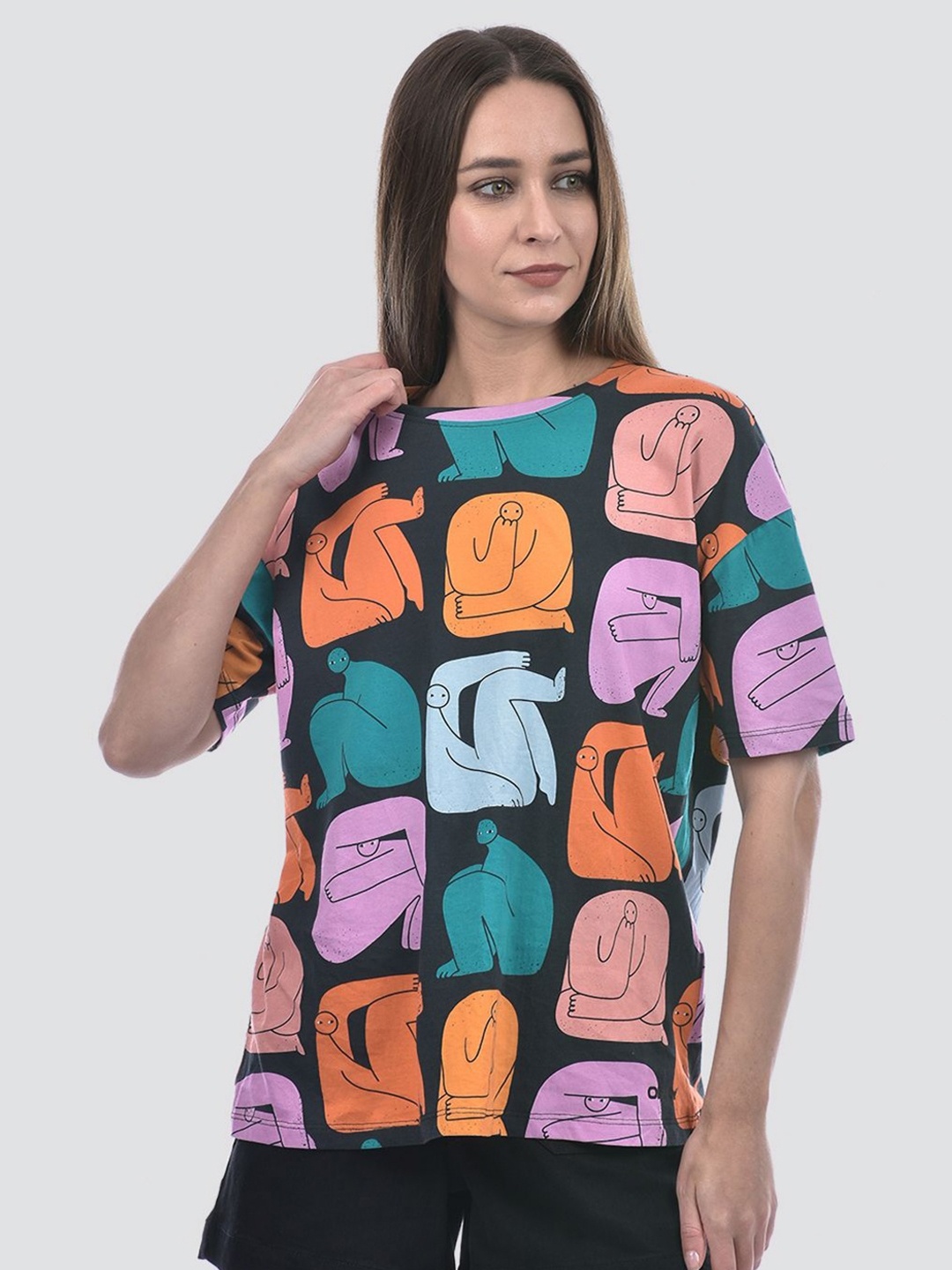 

ONLY Women Conversational Printed Round Neck Cotton Oversized T-shirt, Black