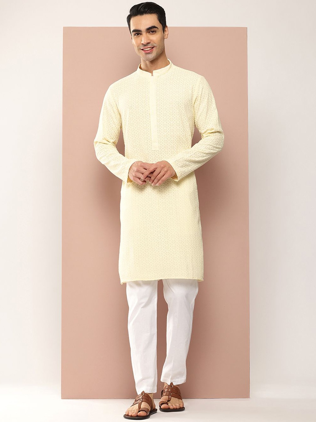 

See Designs Mandarin Collar Geometric Chikankari Embroidered Straight Kurta, Cream