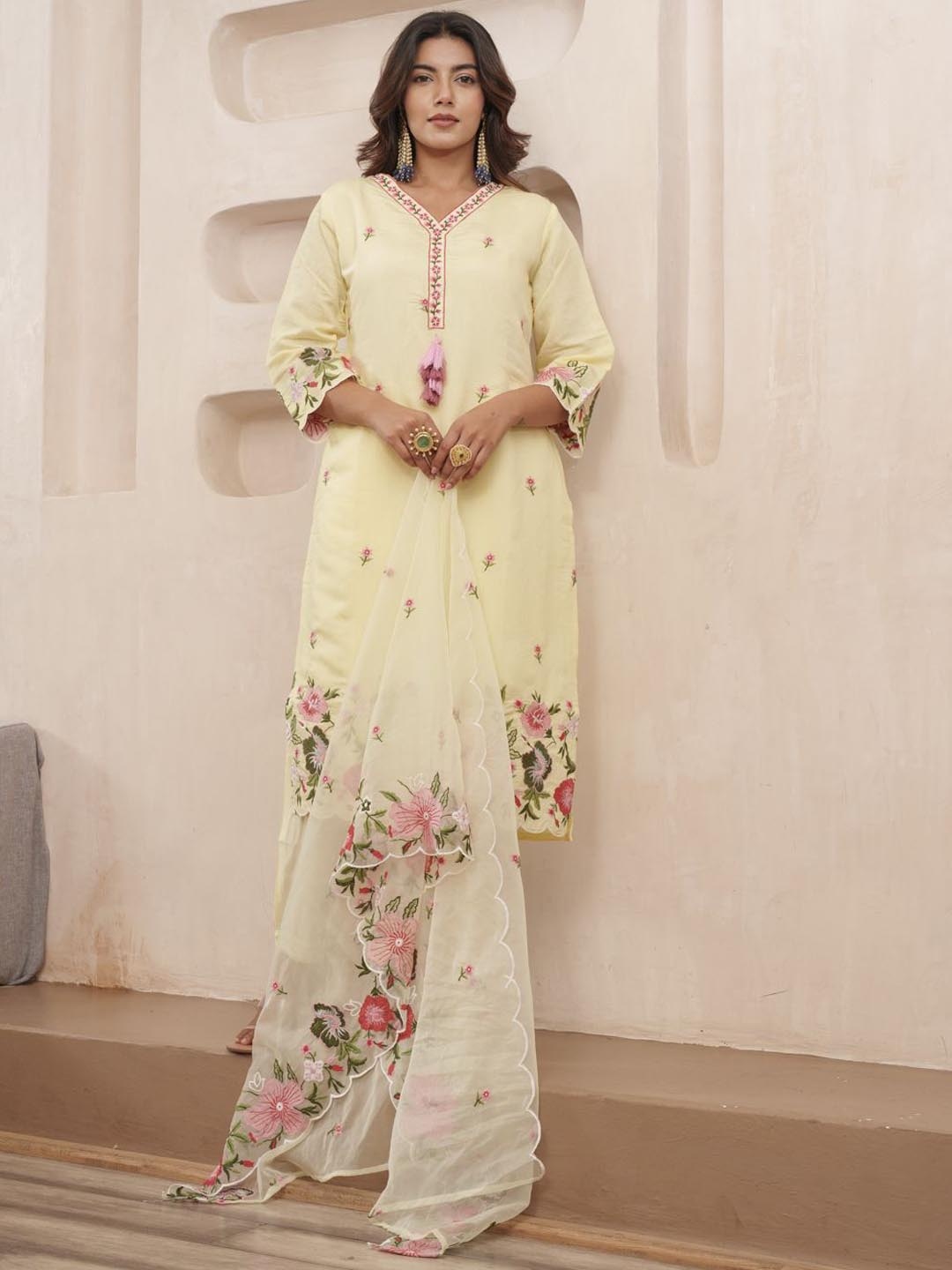 

Sangria Yellow Floral Embroidered Thread Work Straight Kurta With Trousers And Dupatta, Cream