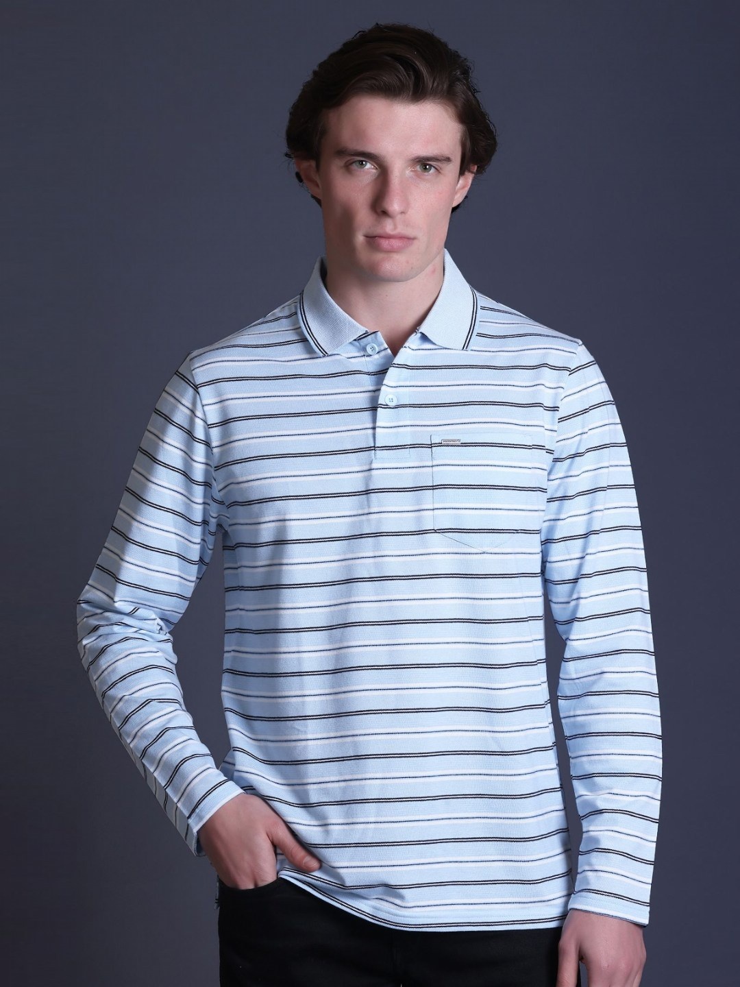 

GODFREY Men Striped Polo Collar T-shirt, Blue