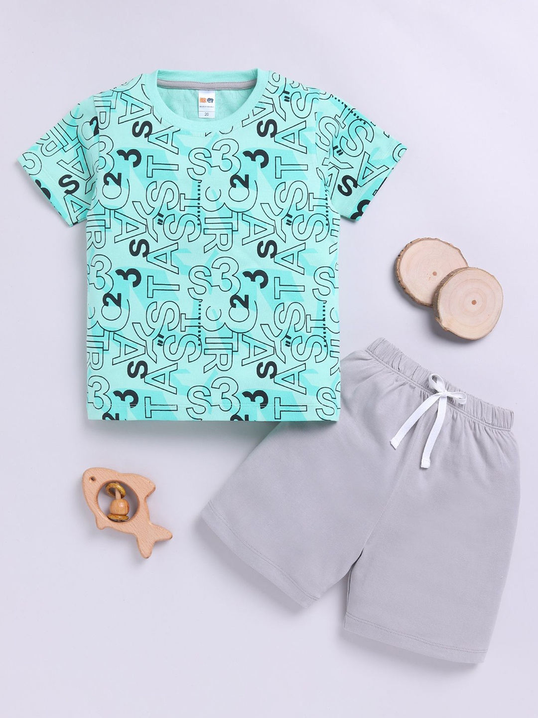 

LITTLE NINJA Boys Printed Round Neck Pure Cotton T-shirt With Shorts, Green