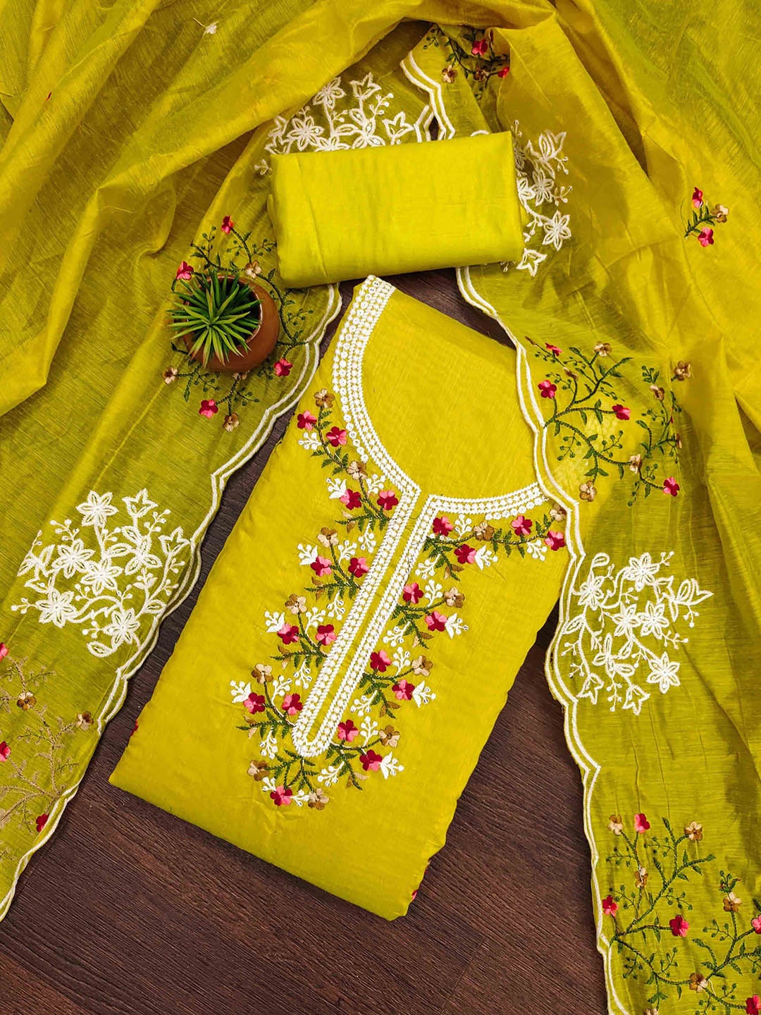 

HERE&NOW Floral Embroidered Chanderi Cotton Unstitched Dress Material, Lime green