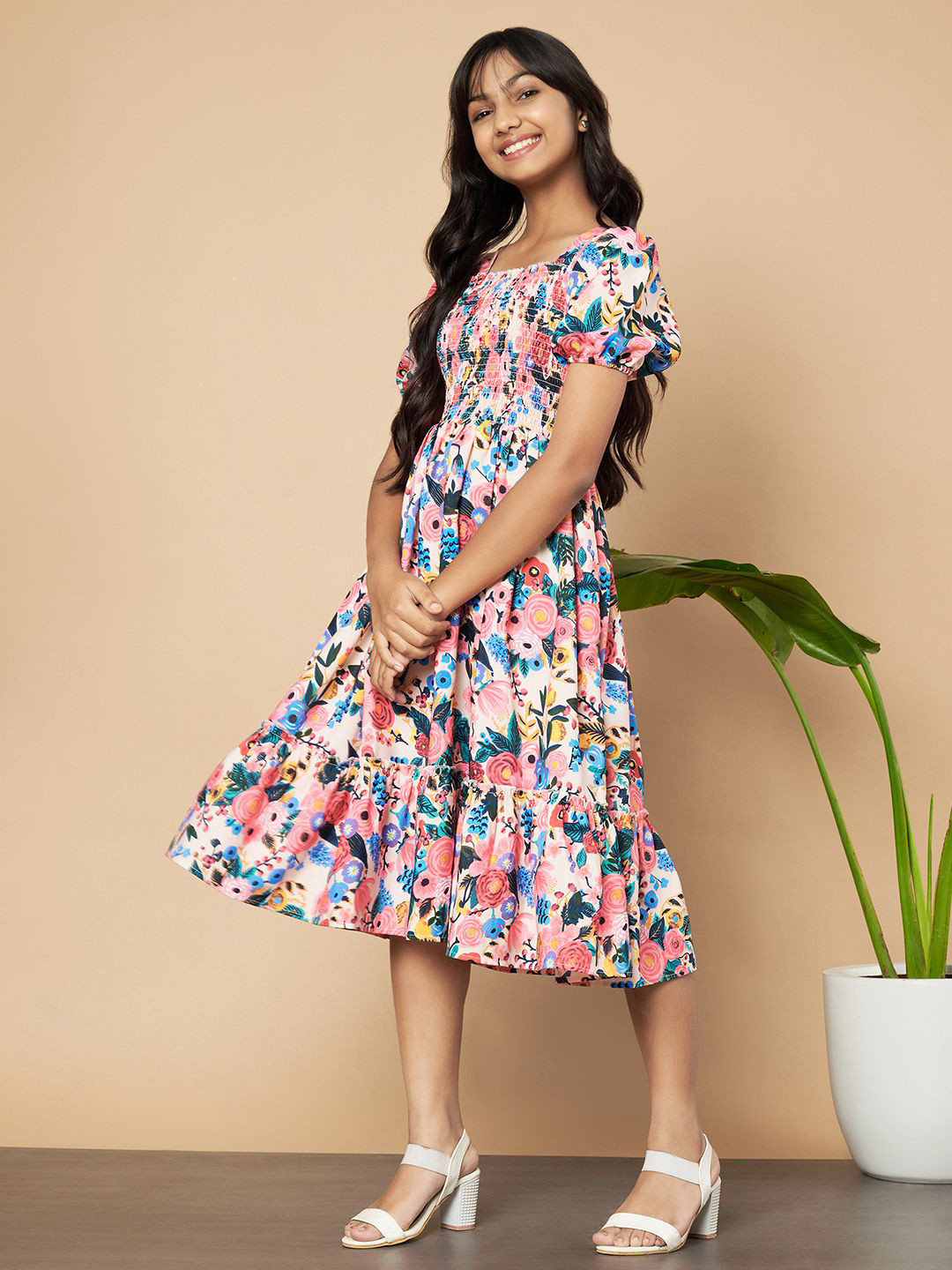 

ZWERLON Girls Floral Printed Puff Sleeve Fit & Flare Midi Dress, Blue