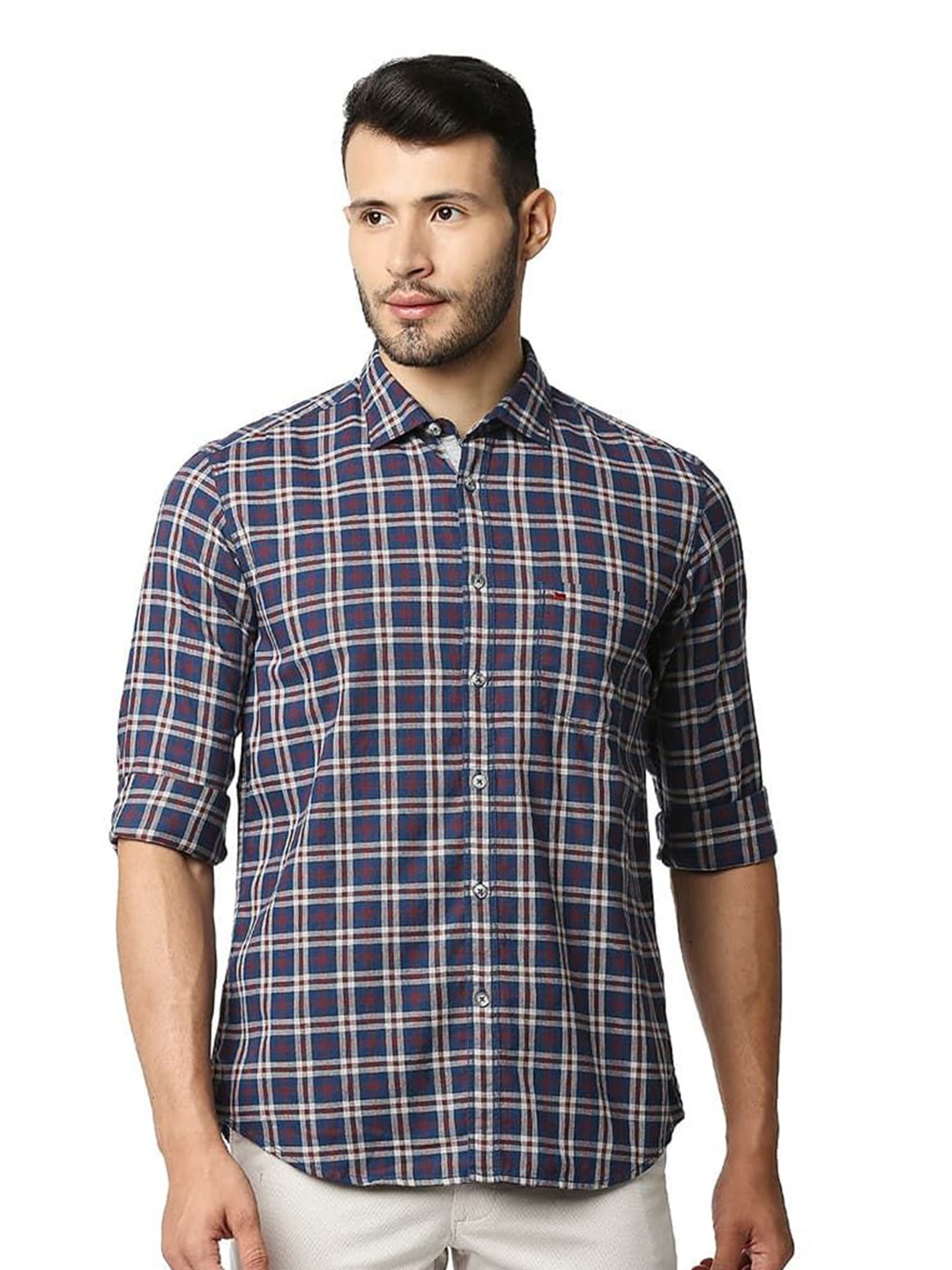 

Basics Men Relaxed Fit Spread Collar Tartan Checked Cotton Casual Shirt, Blue