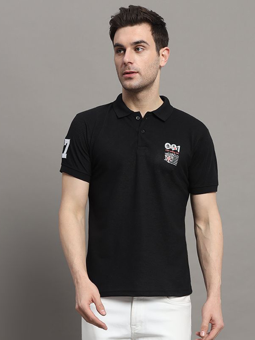 

NYKER Men Printed Polo Collar Applique T-shirt, Black