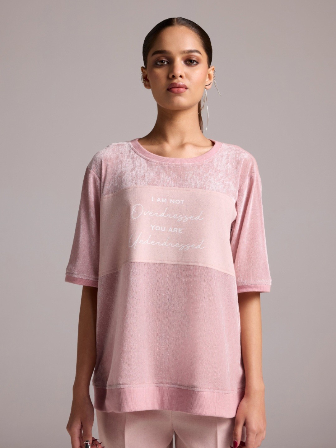 

The Dapper Lady Women Typography Printed Round Neck Oversized T-shirt, Pink
