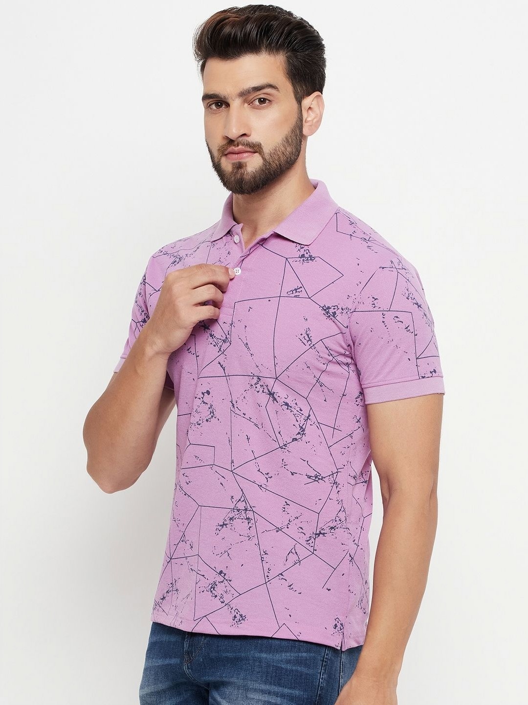 

RELANE Men Abstract Printed Polo Collar Cotton T-shirt, Lavender