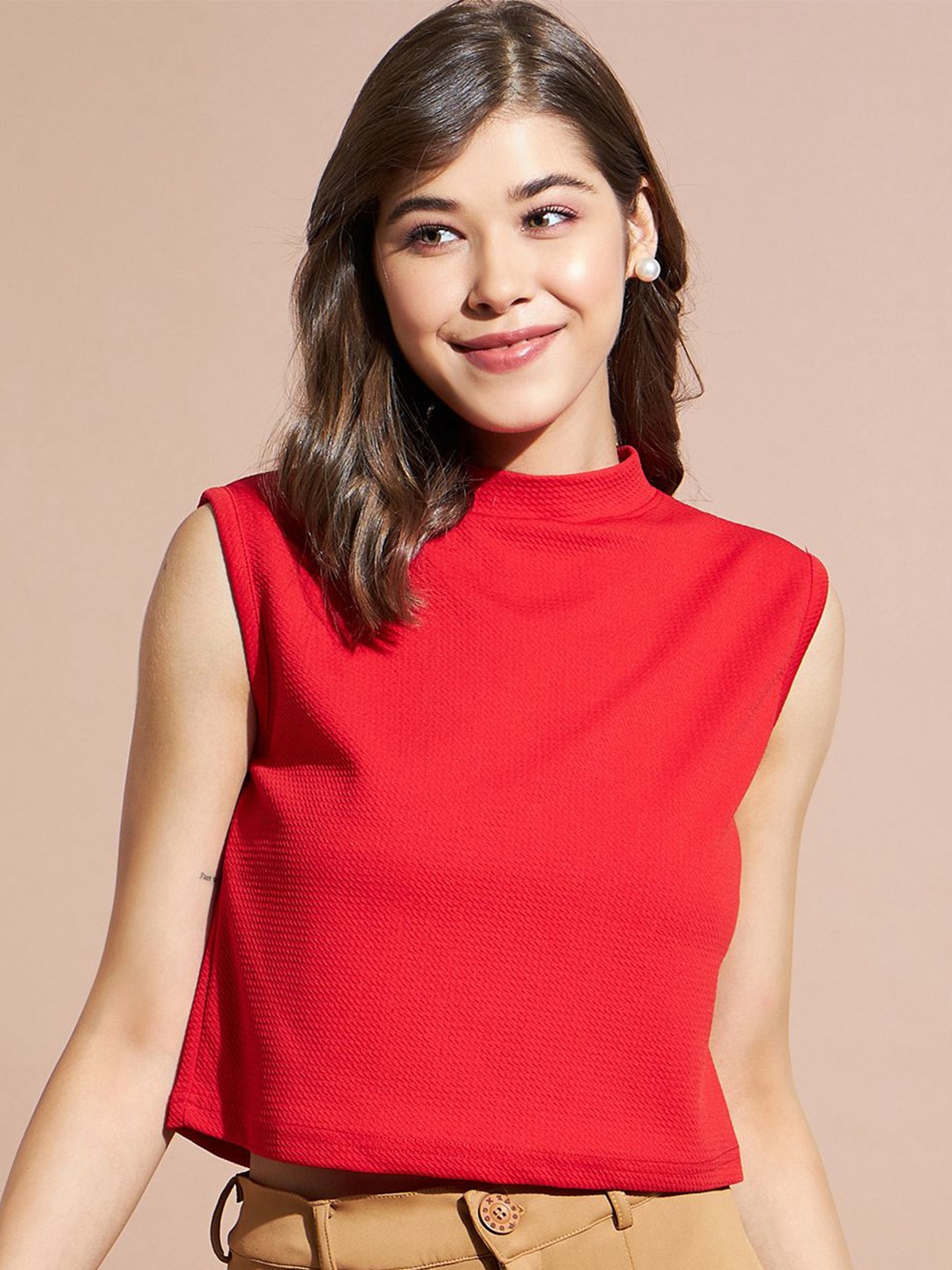 

DressBerry Women Solid High Neck Top, Red