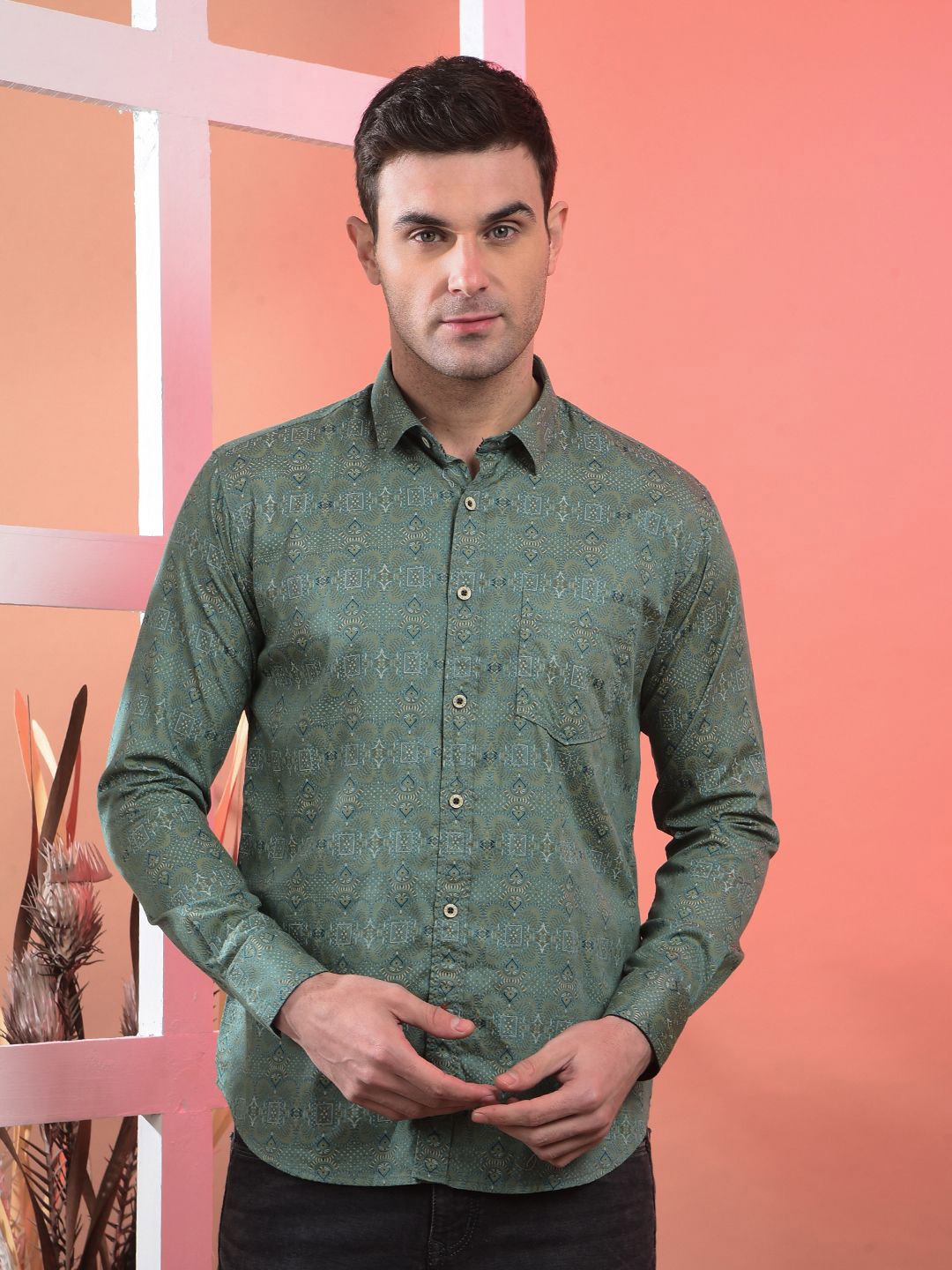 

COBB Men Slim Fit Spread Collar Floral Printed Cotton Casual Shirt, Green